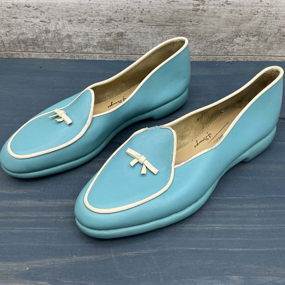 Belgian Shoes Turquoise and White Leather Bow Loafers Flats